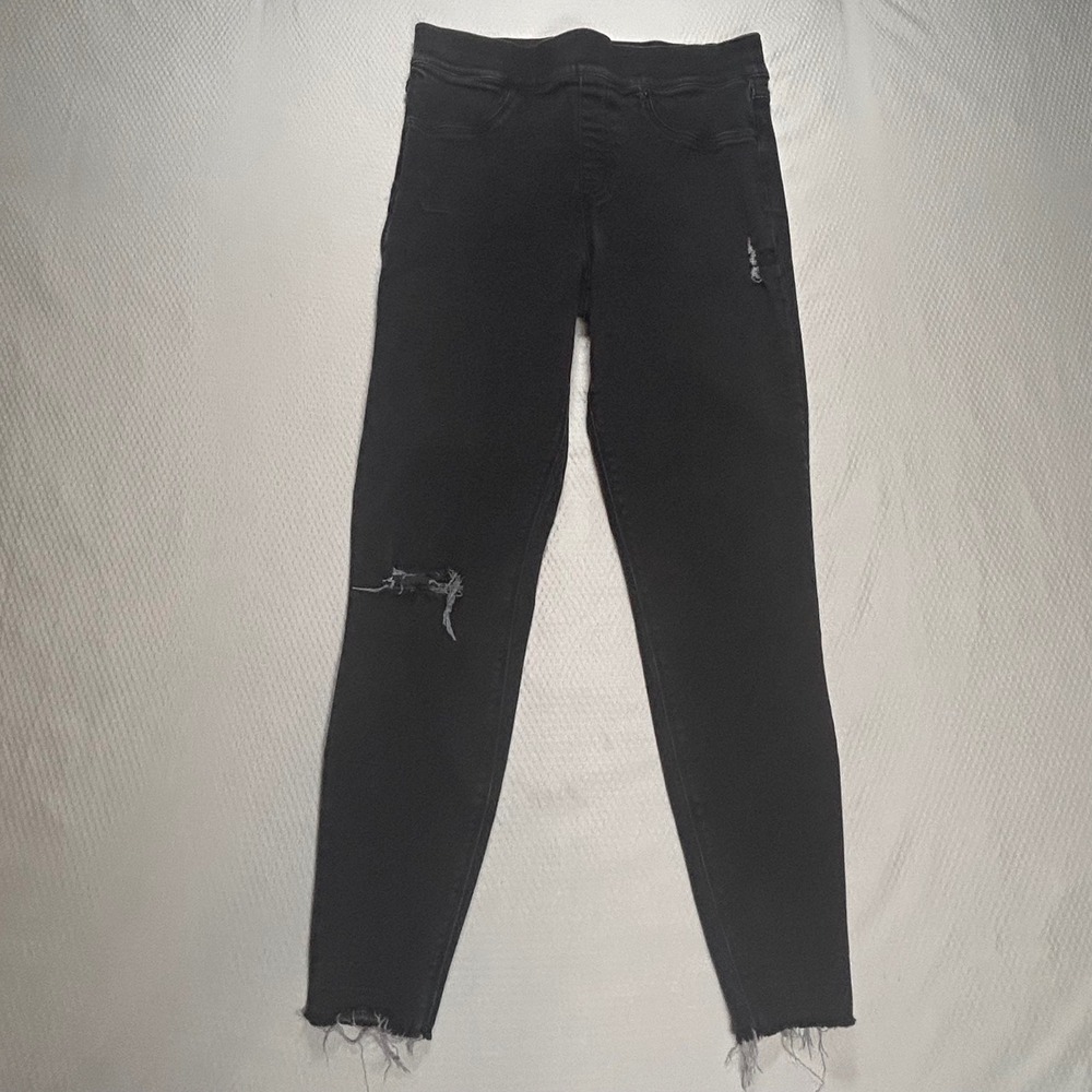 Spanx Jean-ish Ankle Skinny Leggings Black Distressed Ripped Knee Raw Hem Size M